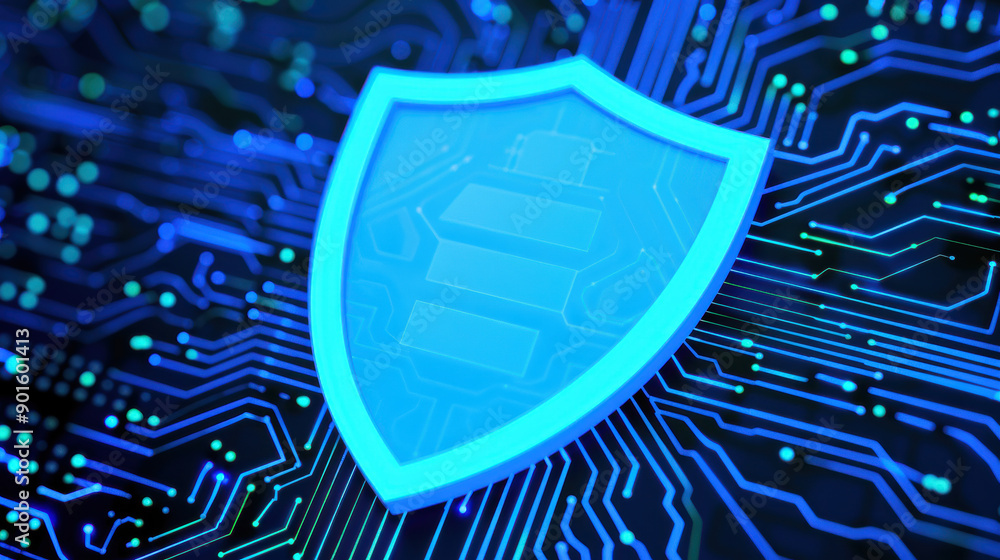 Aufkleber a digital representation of a security shield overlaying a blue circuit board, symbolizing cybersecu