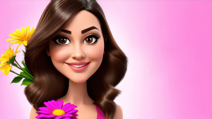 Naklejka premium Cartoon Woman with flowers with free space right. Happy International Women's Day, Mother's day, birthday card