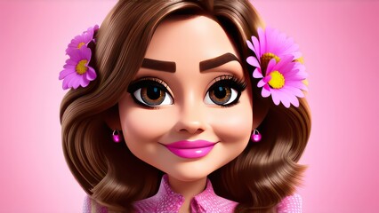 Naklejka premium Cartoon Woman with flowers with free space right. Happy International Women's Day, Mother's day, birthday card