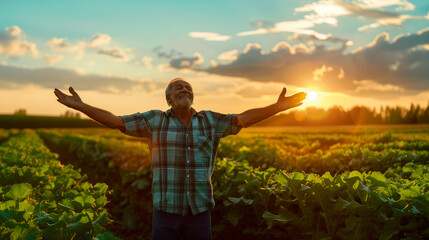 Fototapeta premium European farmer expressing gratitude in green fields on World Gratitude Day, human rights, Movember