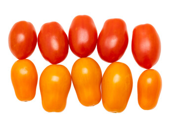 red and yellow cherry tomatoes on white background.