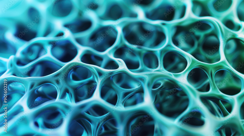 Poster abstract blue-green mesh structure with intricate, organic patterns, resembling cells or networks in
