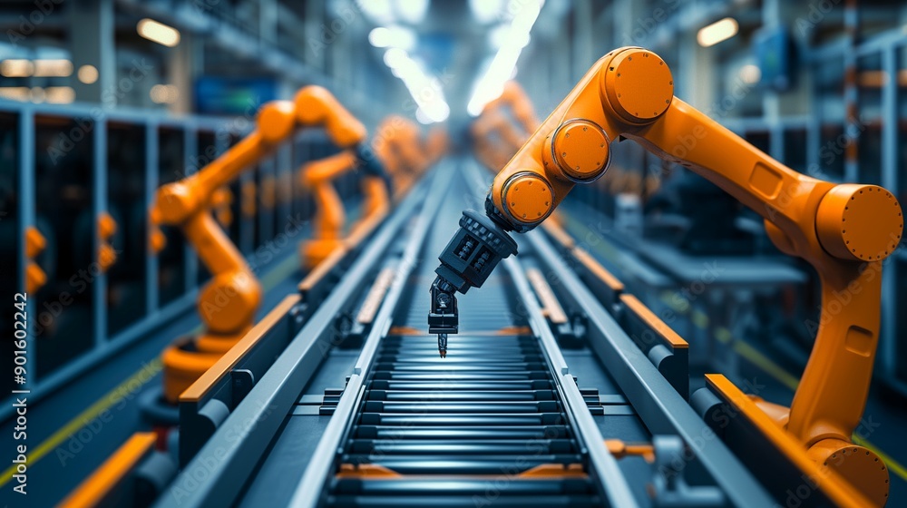 Poster a symphony of robotic arms working in unison on a modern assembly line, showcasing the future of man