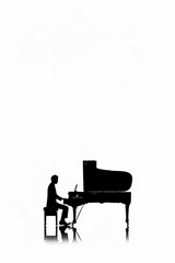 Silhouette of a Male Pianist Playing a Grand Piano on a White Background with Reflection.