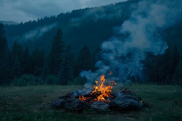 Fototapeta premium Campfire Under a Smoky Sky: A crackling fire illuminates the foreground, casting a warm glow against a backdrop of silhouetted mountains veiled in a misty twilight sky. 