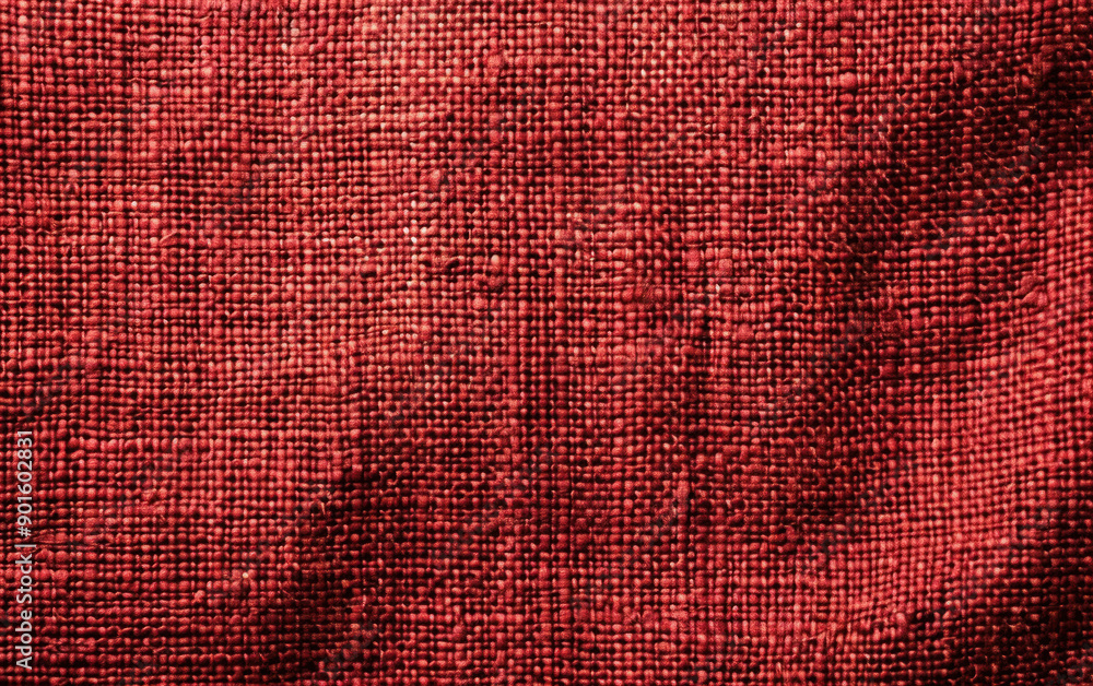 Poster close-up of a red textured fabric with visible weave pattern, showcasing detailed fibers and vibrant
