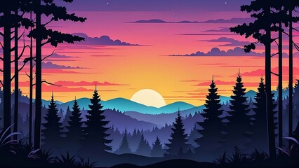 a sunset silhouettes twilight over the forest cartoon.