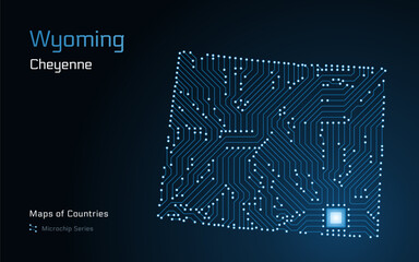 Wyoming Map with a capital of Cheyenne Shown in a Microchip Pattern. E-government. United States vector maps. Microchip Series	