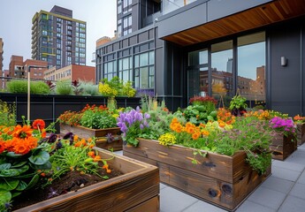 Fototapeta premium An urban rooftop garden with raised beds of vegetables, herbs, and colorful flowers, surrounded by modern buildings