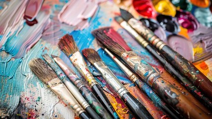 Fototapeta premium Colorful Chaos: Paint-Stained Brushes on an Artist's Palette