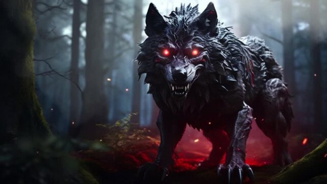 The red eyes of a creepy wolf monster in the middle of a fairy tale forest. Seamless 4K looping timelapse video animation generated AI