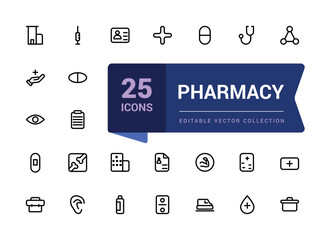 Simple set of pharmacy outline icons. Related to Medical and Health. Editable stroke. Vector pixel perfect icons.