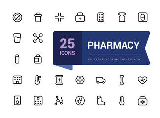 Simple set of pharmacy outline icons. Related to Medical and Health. Editable stroke. Vector pixel perfect icons.