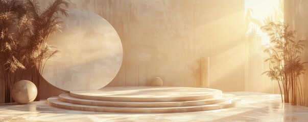 Fototapeta premium Minimalist stage design with round podium, bamboo decor, and natural lighting