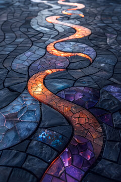 Elegant representation of a geometric mosaic pattern with a balance of deep purple and reflective copper elements,