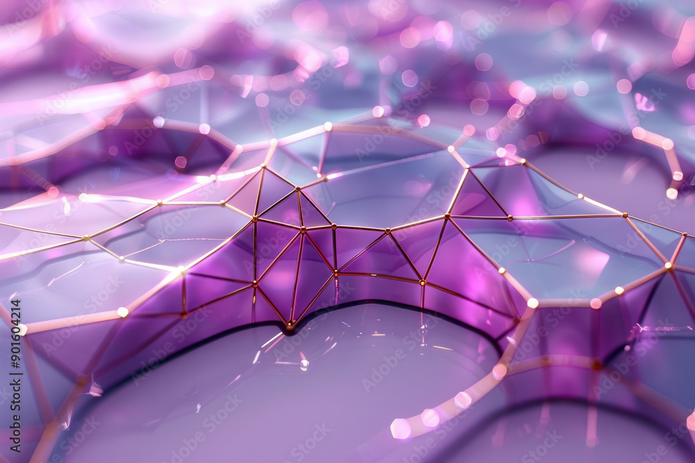 Poster sleek design showcasing an intricate network of geometric forms with soft purple backgrounds and cop