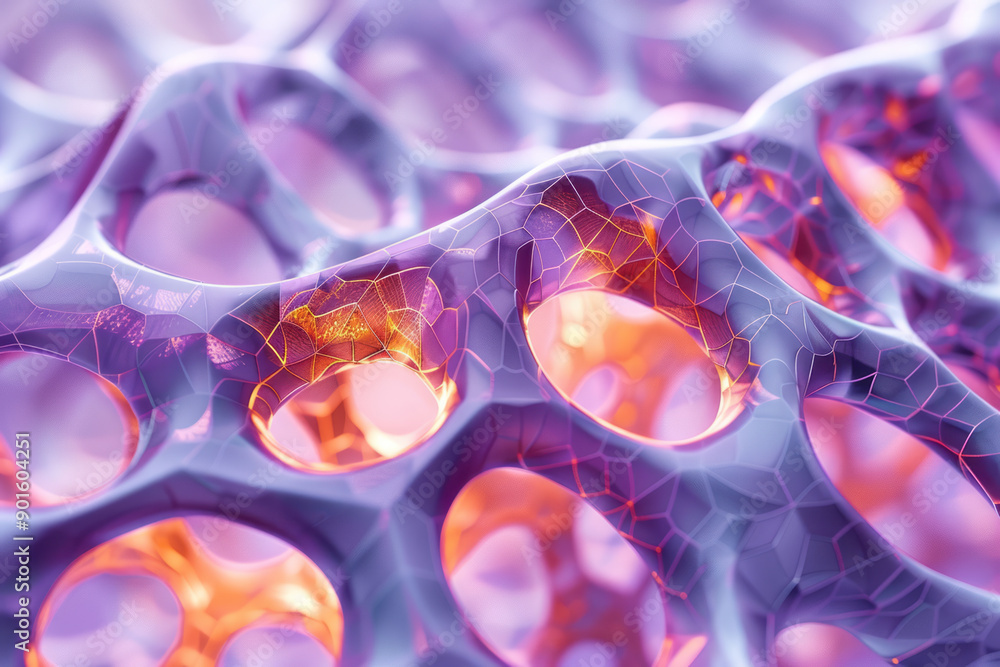 Poster sleek design showcasing an intricate network of geometric forms with soft purple backgrounds and cop