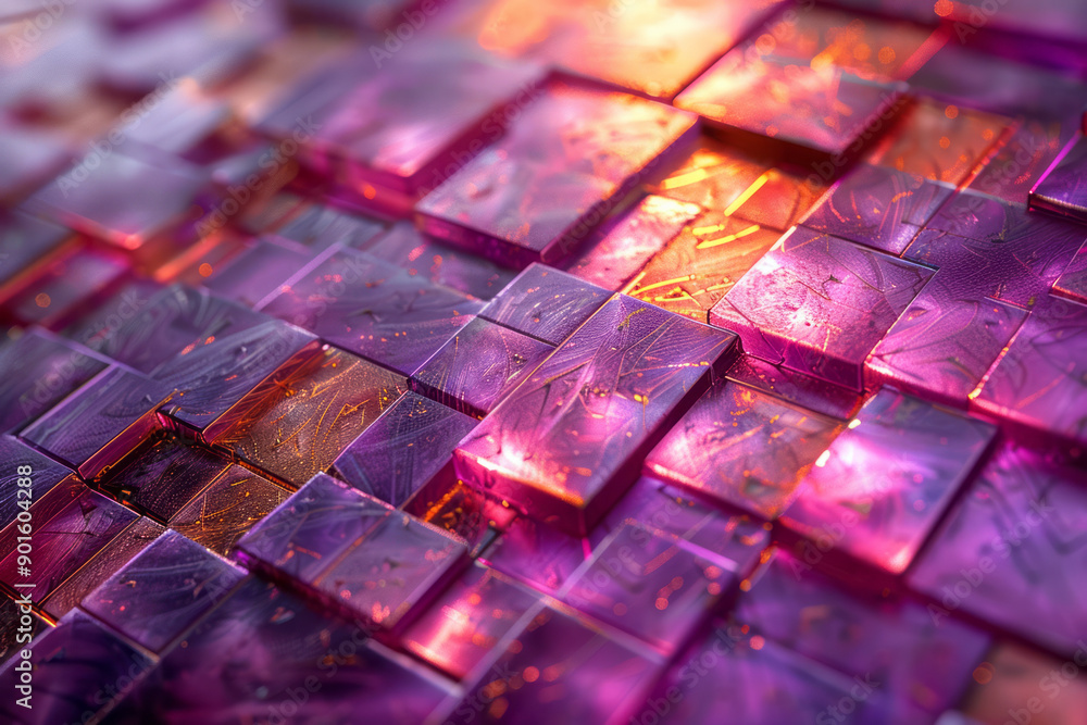 Poster clean image of a 3d geometric pattern with vibrant purple and copper layers, creating an engaging vi