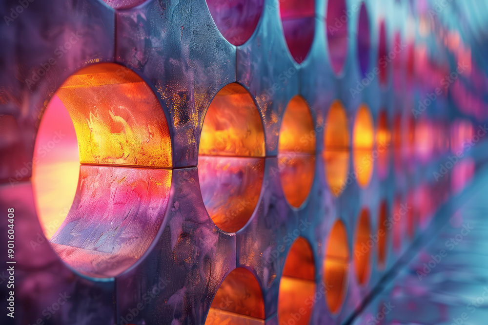 Poster minimalist scene of a dynamic geometric lattice, where purple and copper tones create a rhythmic int