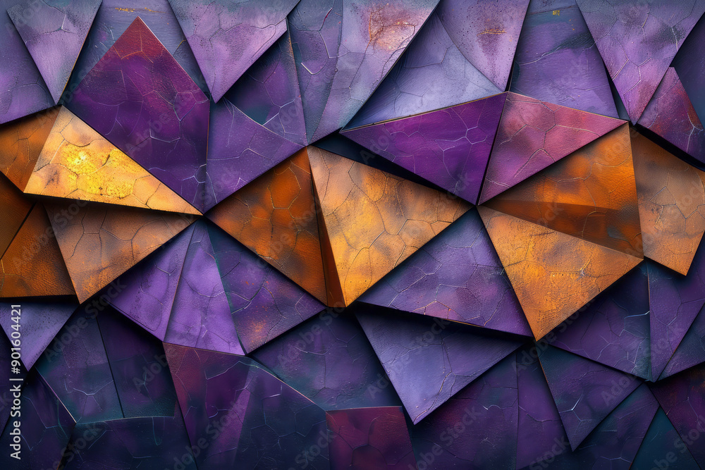 Poster clean image of a 3d geometric pattern with vibrant purple and copper layers, creating an engaging vi
