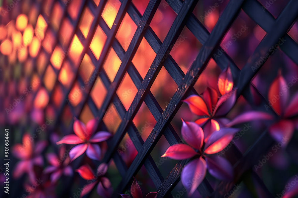 Poster minimalist scene of a dynamic geometric lattice, where purple and copper tones create a rhythmic int