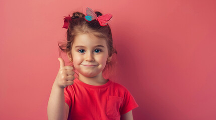 Fototapeta premium A little girl with a butterfly bow giving a thumbs up
