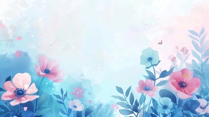 An exquisite watercolor banner illustrating a border of delicate blue and pink flowers. The floral decoration, featuring a multitude of beautifully detailed blooms, is composed with every detail in