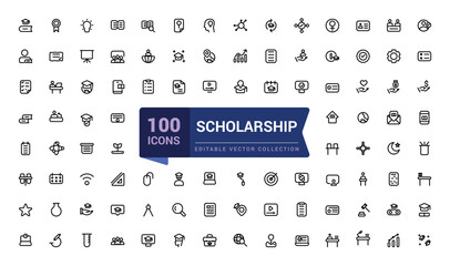 Scholarship icon collection. Containing tuition assistance, grant, fellowship, award icon. Simple line vector illustration.