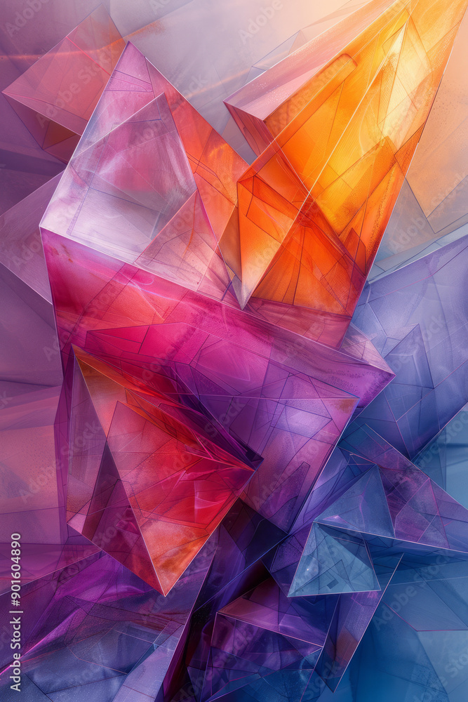 Poster clean depiction of a complex geometric structure, combining sharp lines in purple with warm copper s