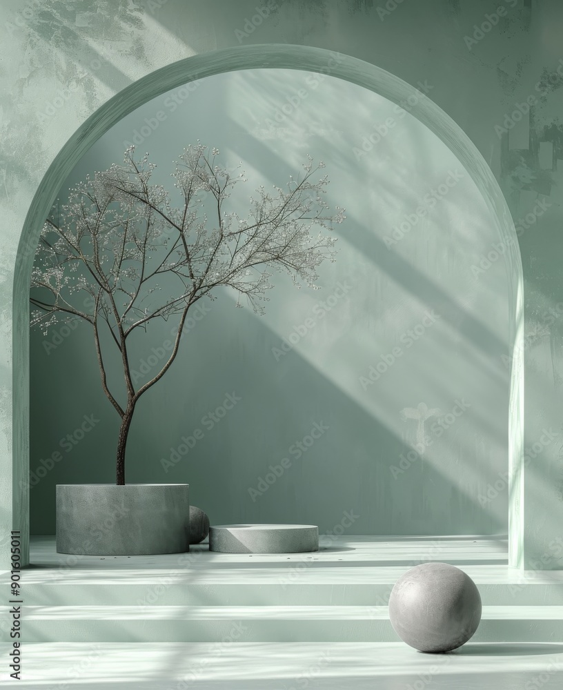 Poster minimalist stage design with geometric shapes and spring branches in a pastel green setting