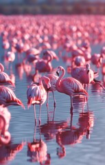 Naklejka premium A flock of pink flamingos are standing in a body of water