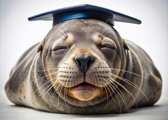 A sleepy seal wearing a graduation cap holds a diploma in its mouth, conveying a humorous message about wanting to return to sleep after graduating.