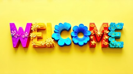 3D text "welcome" made of flowers, on a light yellow background, in vibrant colors, with simple shapes, in a flat design, as digital art