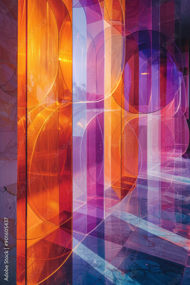 Poster minimalist scene of overlapping geometric circles and squares in a captivating blend of purple and c
