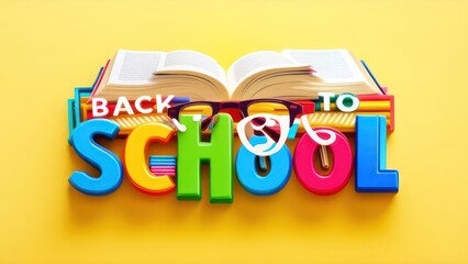 3D text "back to school" made of open books, glasses, and bookmarks, on a light background, in vibrant colors, with simple shapes, in a flat design, as digital art
