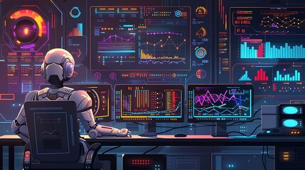 Futuristic Robots Conducting Data Analysis in a Cutting Edge Server Room with Computer Screens Featuring Complex Graphs, Statistics, and Digital Data Metrics