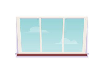Fototapeta premium Window design icon, white frame with clean glass, wooden window sill, view of clear blue sky with clouds flat vector
