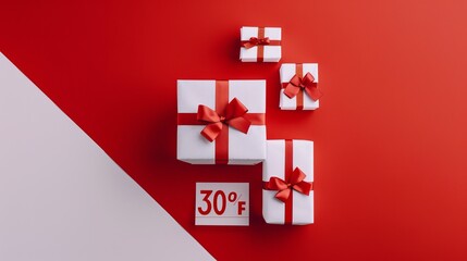 Christmas holiday sale with 30% off sign surrounded by white decorations and wrapped gifts on red background