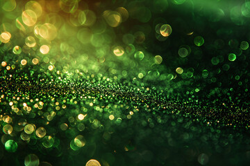 Christmas green abstract bokeh glitter background. Magic blurred lights and sparkles. New Year festive luxury backdrop with copy space