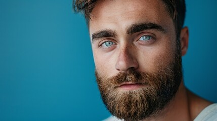 Obraz premium A man with a beard and blue eyes is looking at the camera