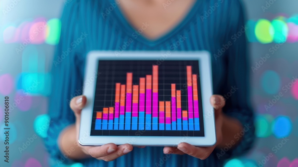 Poster person holding a tablet displaying colorful data visualization with vivid bars against a blurred bac