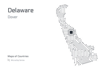 Delaware Map with a capital of Dover Shown in a Microchip Pattern. E-government. United States vector maps. Microchip Series	