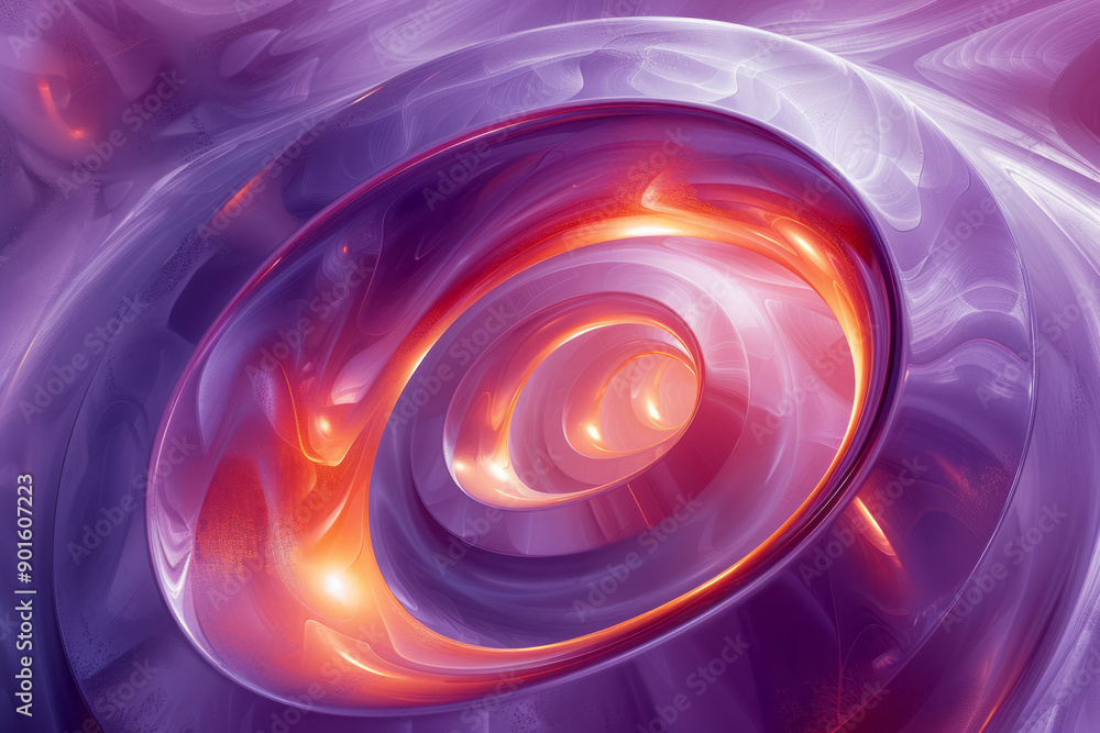 Poster clean depiction of a swirling design made of geometric forms in a captivating blend of purple and me