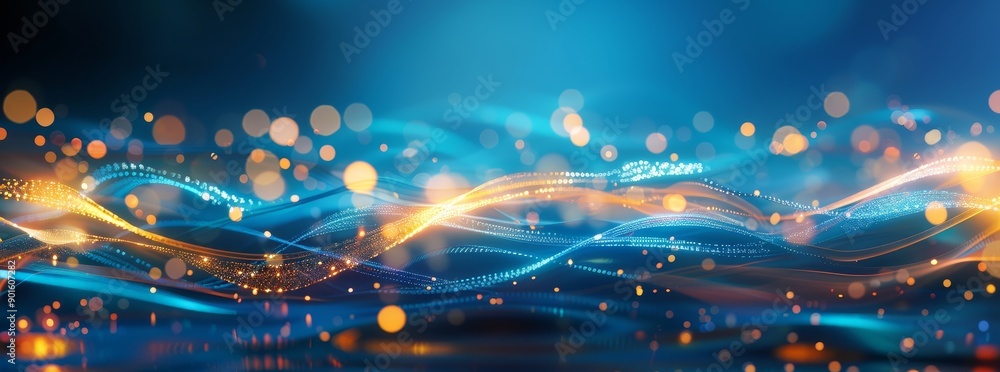 Poster at the edges of an image with a blue and orange background, bokeh effects of lights and sparkles are
