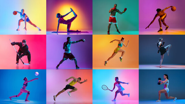 Vibrant collage showcasing athletes in various sports practicing in neon light against vibrant colorful background. Concept of sport, competition, match, team, games, action. Ad