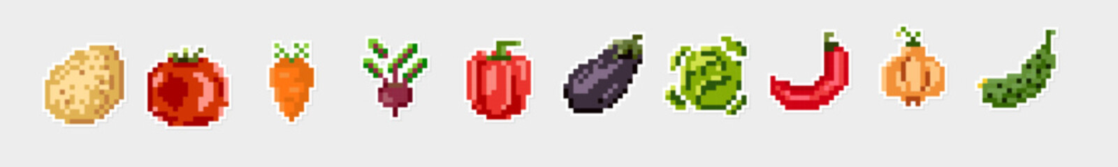 Obraz premium Set of pixel vegetable stickers on an isolated background.