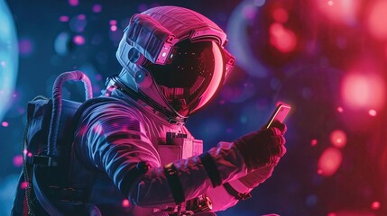 An astronaut, enveloped in vibrant pink and purple lights, holds a smartphone in space. The futuristic scene features an astronaut interacting with technology amidst a cosmic backdrop.