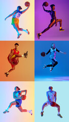 Basketball athletes training in motion to in neon light against vibrant colorful background. Different kinds of sport. Concept of sport, competition, match, team, games, action. Ad