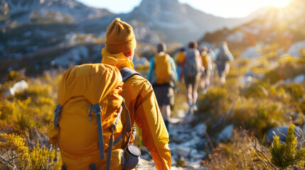 Hikers on a challenging mountain trail, capturing the spirit of adventure and fitness, wearing durable outdoor gear, Nature, High Detail, Photography