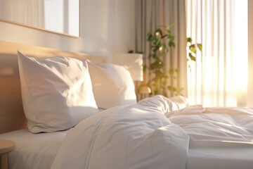 A cozy hotel room with a neatly made bed concept emphasizing comfort and relaxation during hotel stays close up, realistic, blend mode, hotel room backdrop